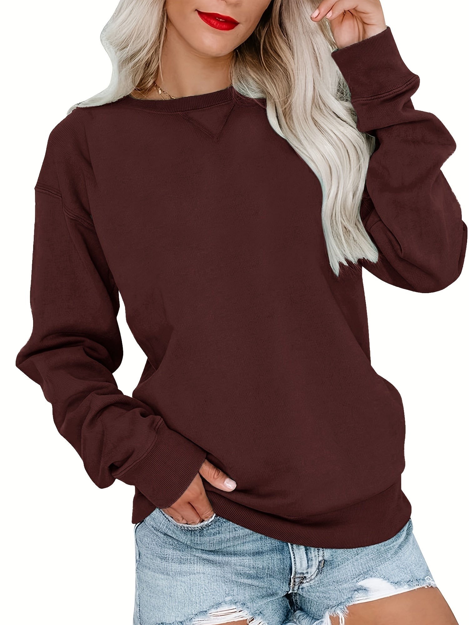 Solid Crew Neck Long Sleeve Sweatshirt for Women