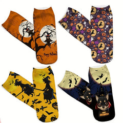 4 Pairs Halloween Pattern Socks & Low Cut Socks Women's Stockings