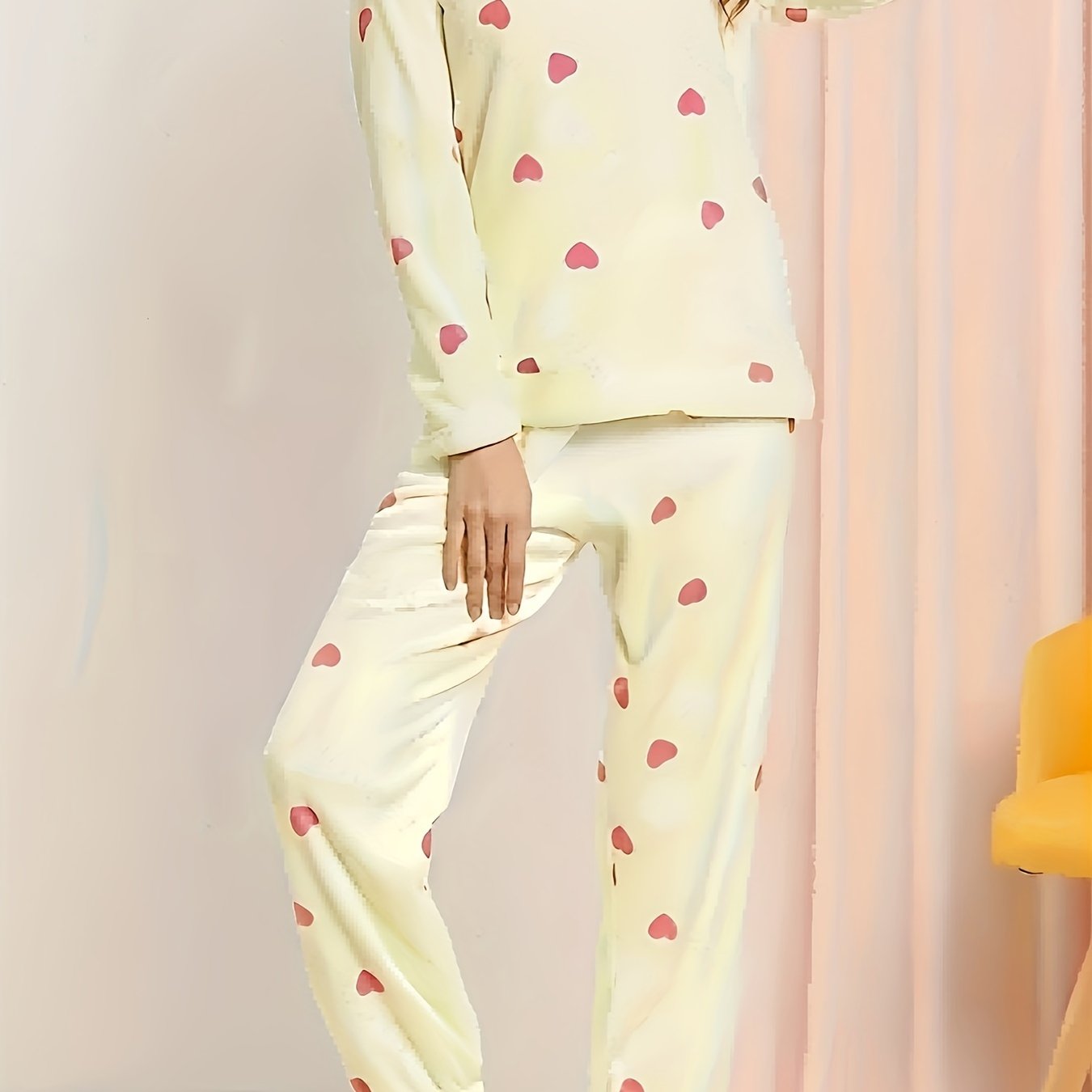 Heart Print Pajama Set Long Sleeve Crew Neck Top & Elastic Waistband Pants