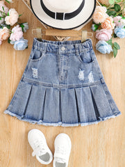 Girls Casual Ripped Denim Skirt Pleated Elastic Waist Kids Mini Skirt