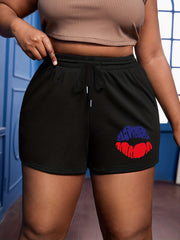 Flag Lips Print Drawstring Stretch Shorts