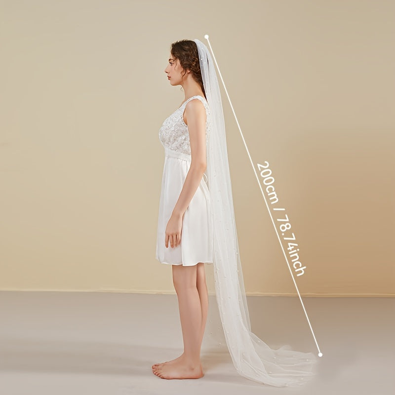 Bridal Veil with Faux Pearls 2m Long Single Layer Mesh