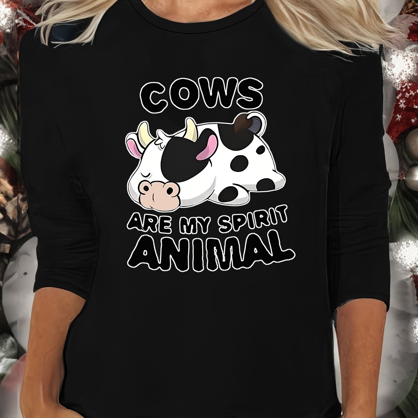 Cow Print Lounge Top Long Sleeve Crew Neck Women's Sleepwear