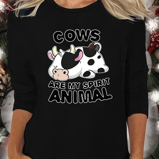 Cow Print Lounge Top Long Sleeve Crew Neck Women's Sleepwear