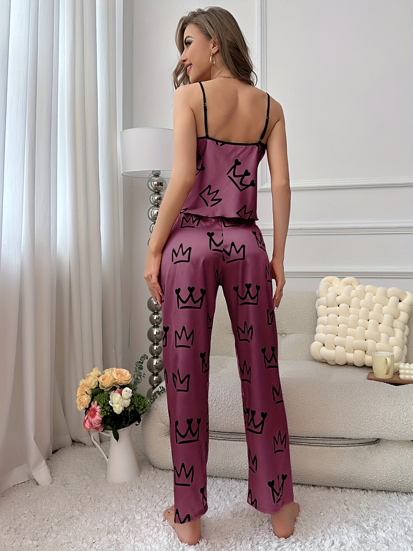 Crown Print Pajama Set V Neck Cami Top & Elastic Waistband Pants
