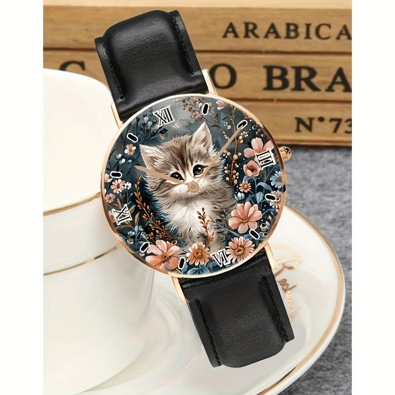 Calico Cat Analog Watch Unisex Minimalist Floral Faux Leather Strap Quartz
