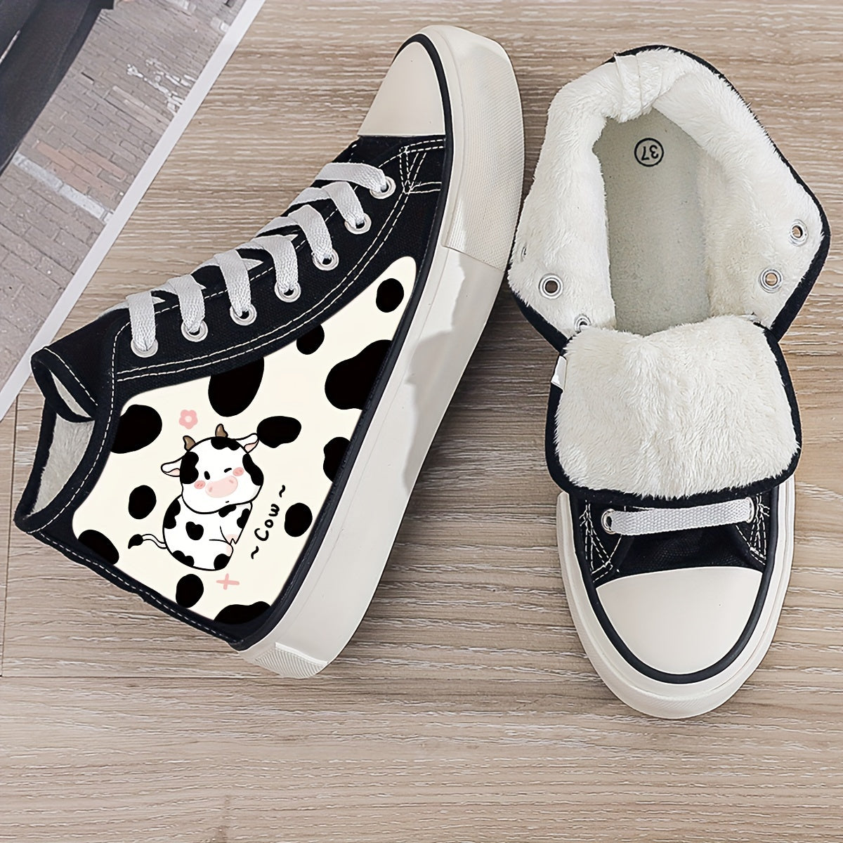 Cow Print Plush Lined Chunky Canvas Sneakers