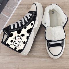 Cow Print Plush Lined Chunky Canvas Sneakers