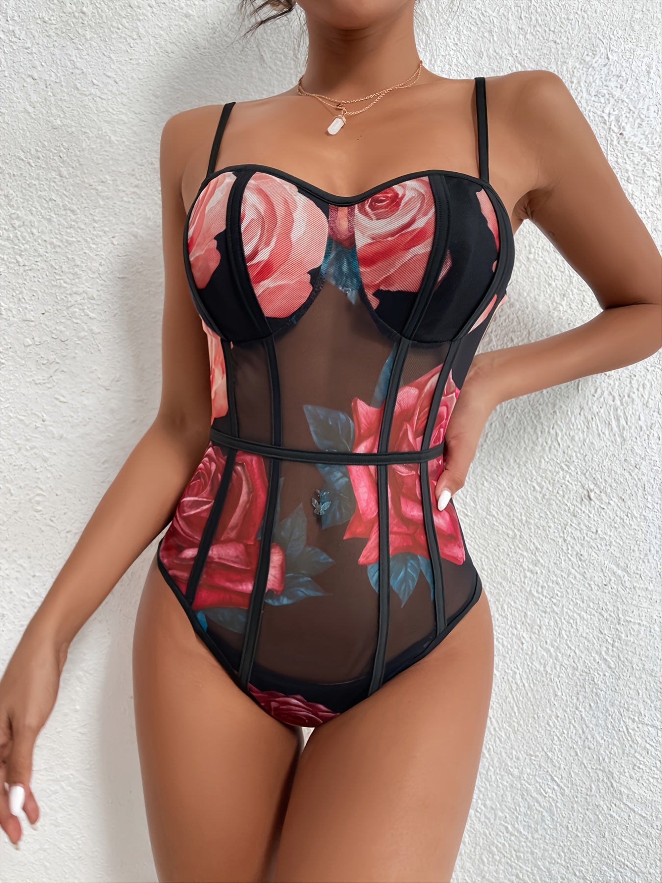Sexy Floral Print Mesh Bodysuit Sheer Stretchy Bodysuit