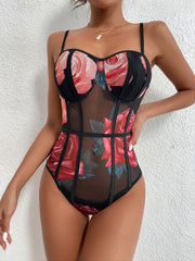 Sexy Floral Print Mesh Bodysuit Sheer Stretchy Bodysuit