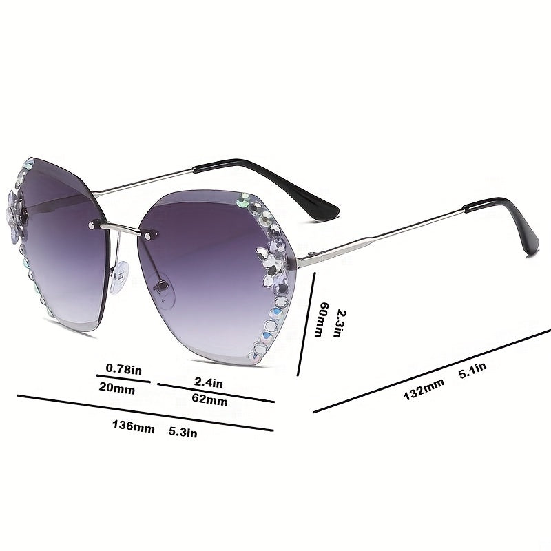 Oversized Rhinestone Sunglasses Gradient Lens Rimless Eyewear