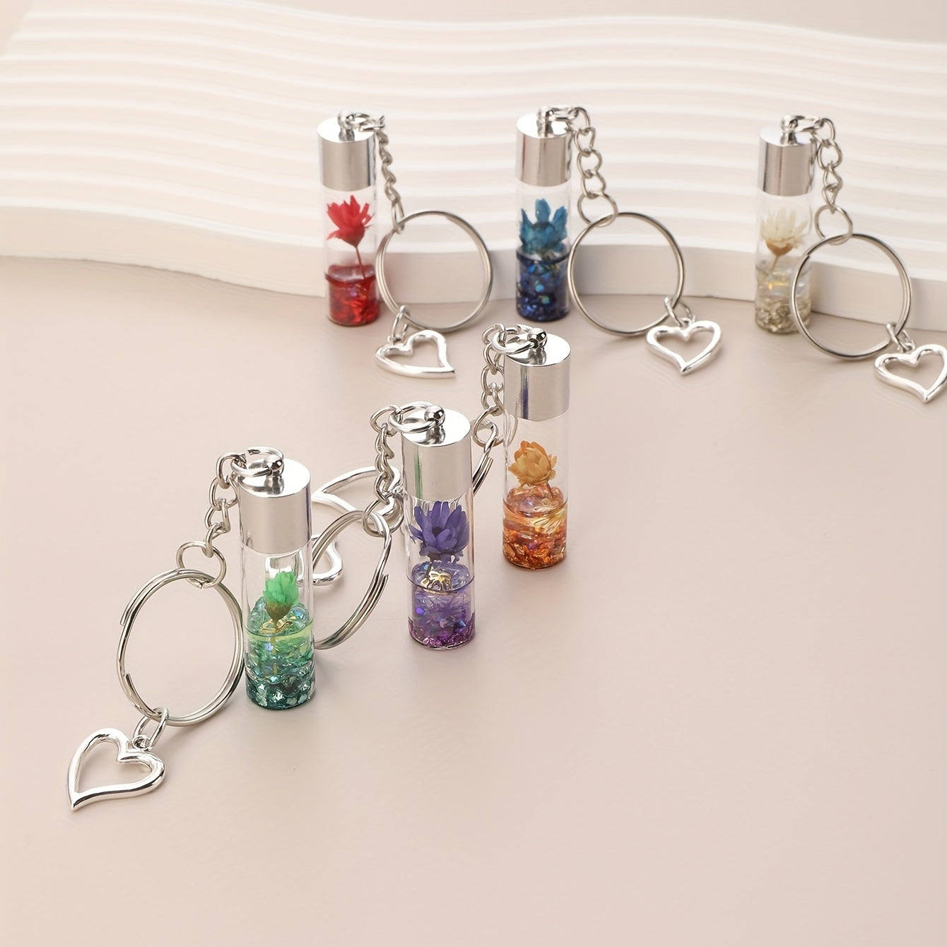6pcs Flower In Bottle Keychain Heart Key Ring Purse Bag Backpack Car Charm