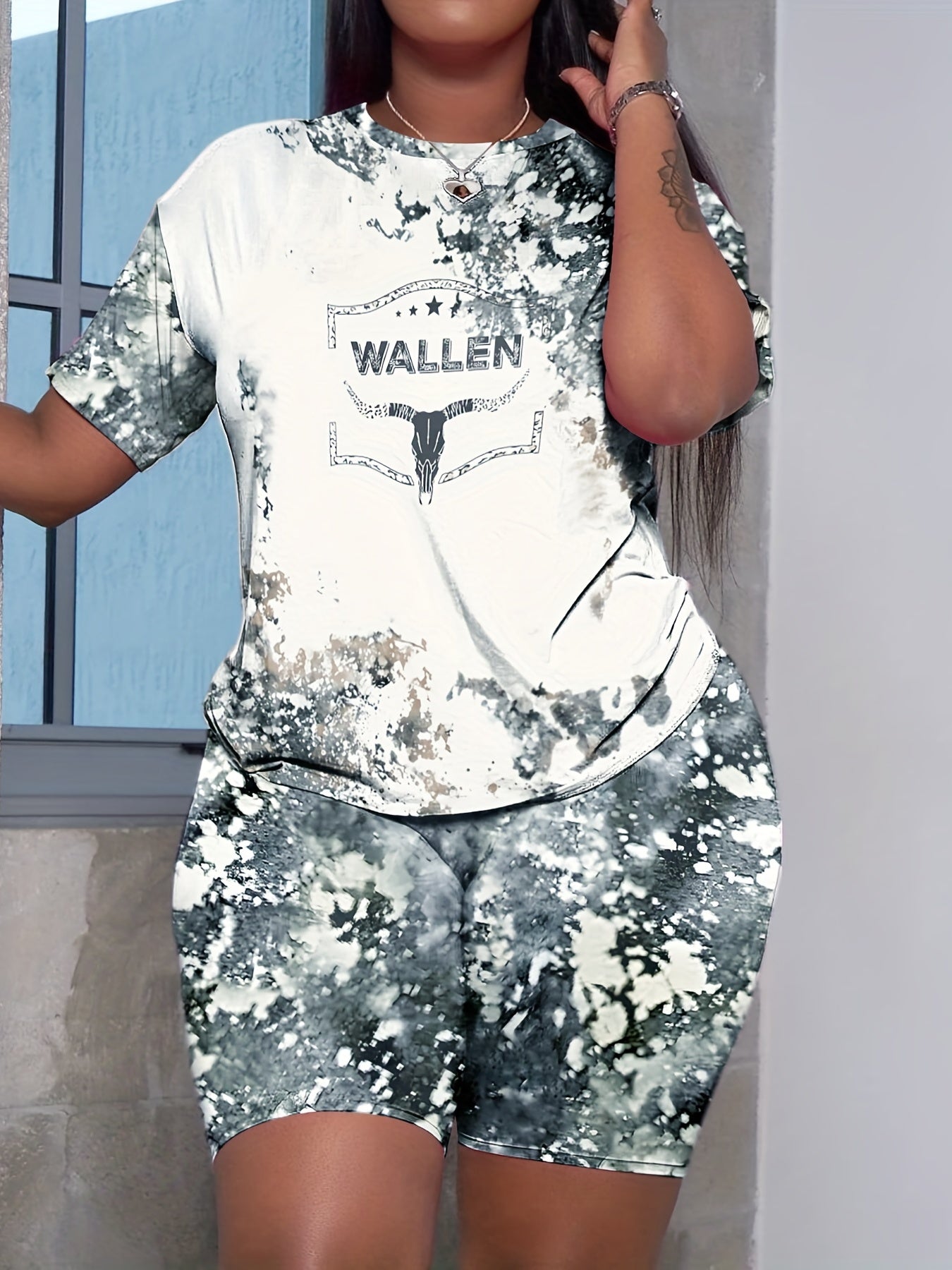 Tie Dye Cow Print Tee & Shorts Set Western Style 2 Piece Outfit