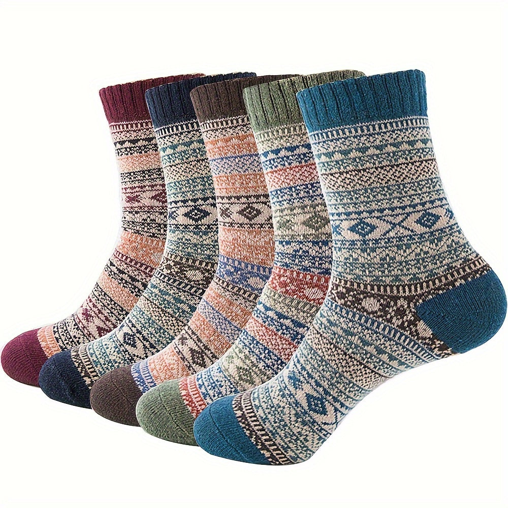 5 Pairs Geometric Pattern Mid Tube Socks, Women's Stockings
