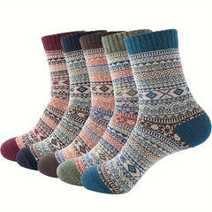 5 Pairs Geometric Pattern Mid Tube Socks, Women's Stockings