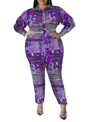 Sexy Jumpsuit Women's Plus Patchwork Print Button Up Long Sleeve