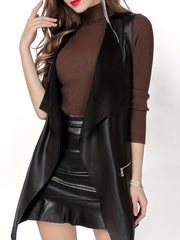 Faux Leather Sleeveless Vest Casual Solid Zipper Versatile Vest