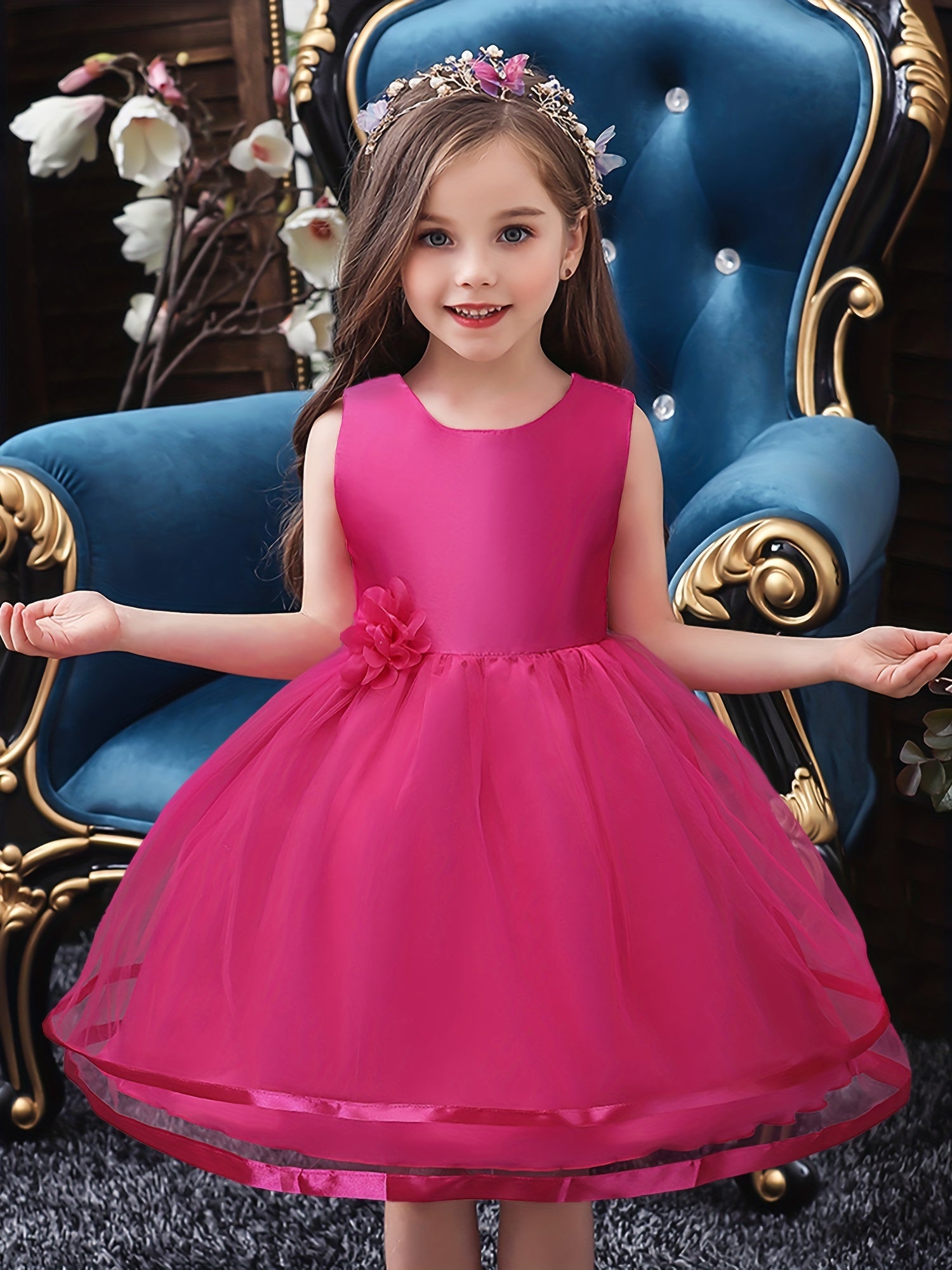 Girls Sleeveless Mesh Princess Dress With Flower Decor