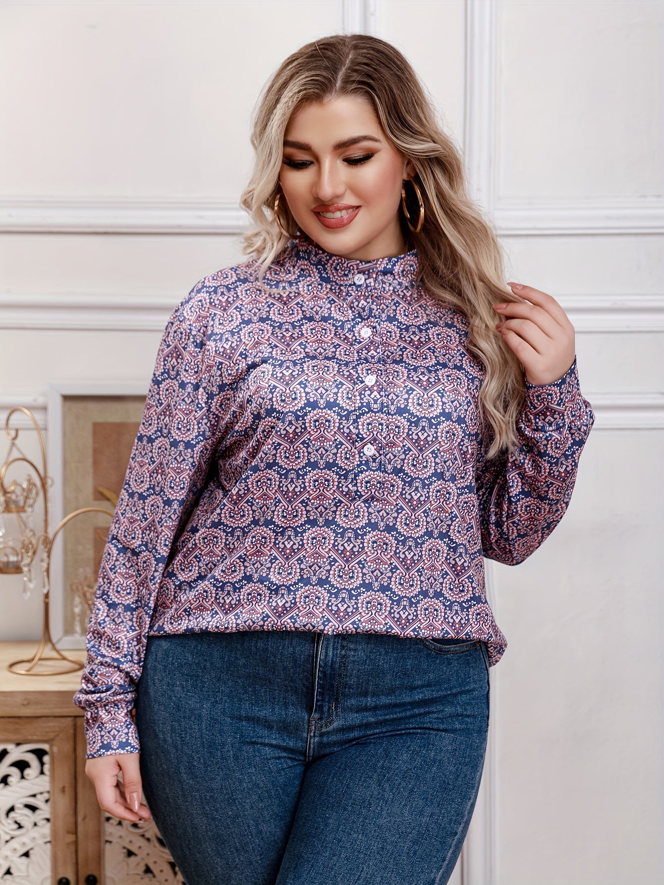 Boho Blouse Women's Plus Allover Print Mock Neck Pullover Shirt Top