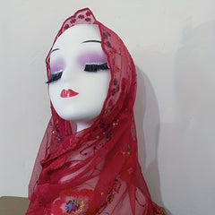 Flower Embroidery Mesh Head Scarf Lace Hijab Ramadan Turban
