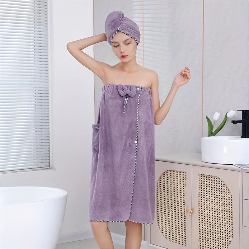 2pcs Bath Skirt Hair Towel Coral Velvet Bathrobe Pocket Bow D