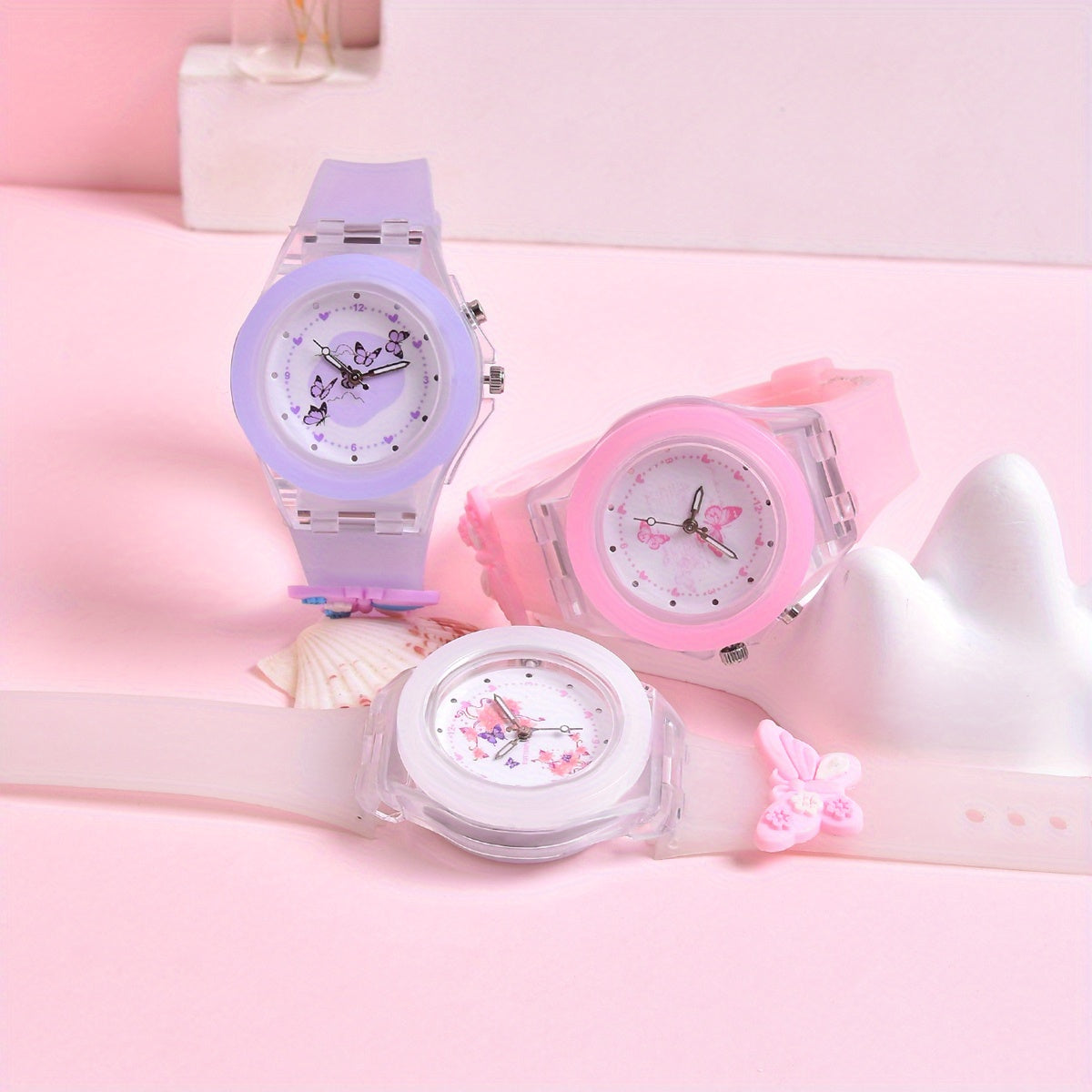 3pcs Girls Butterfly & Animal Print Watches with Glow in the Dark Dials