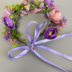 Bohemian Floral Wreath Headband with Purple & Pink Flowers Ribbon Bow