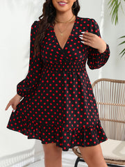 Dot Print Lantern Sleeve Smock Dress