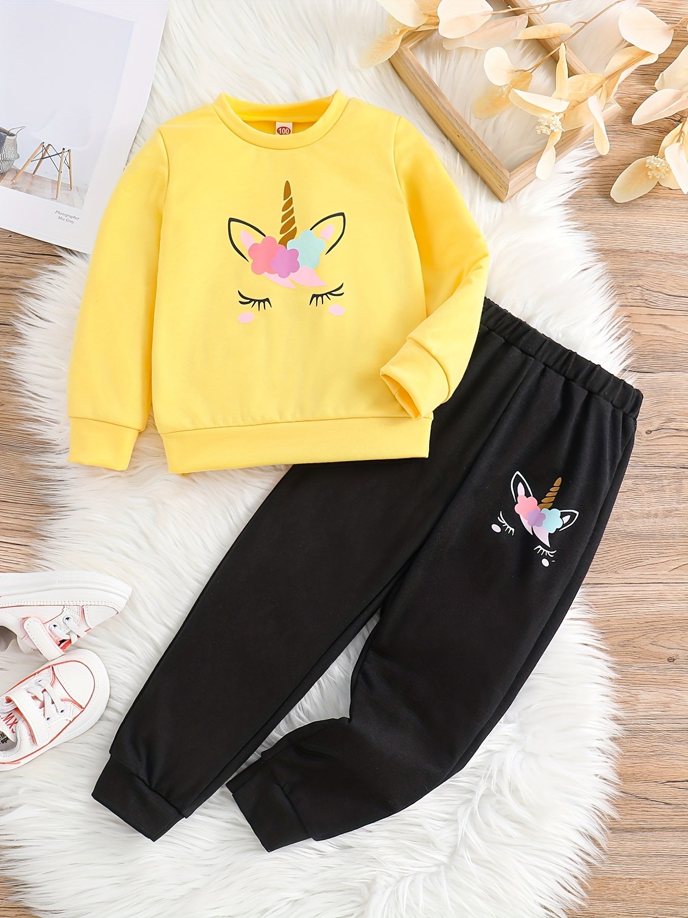 Girl's Unicorn Pattern 2pcs Sweatshirt & Sweatpants Set
