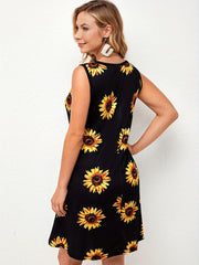 Sunflower Print Sleeveless Dress Casual Tank Dress For Spring & Summer