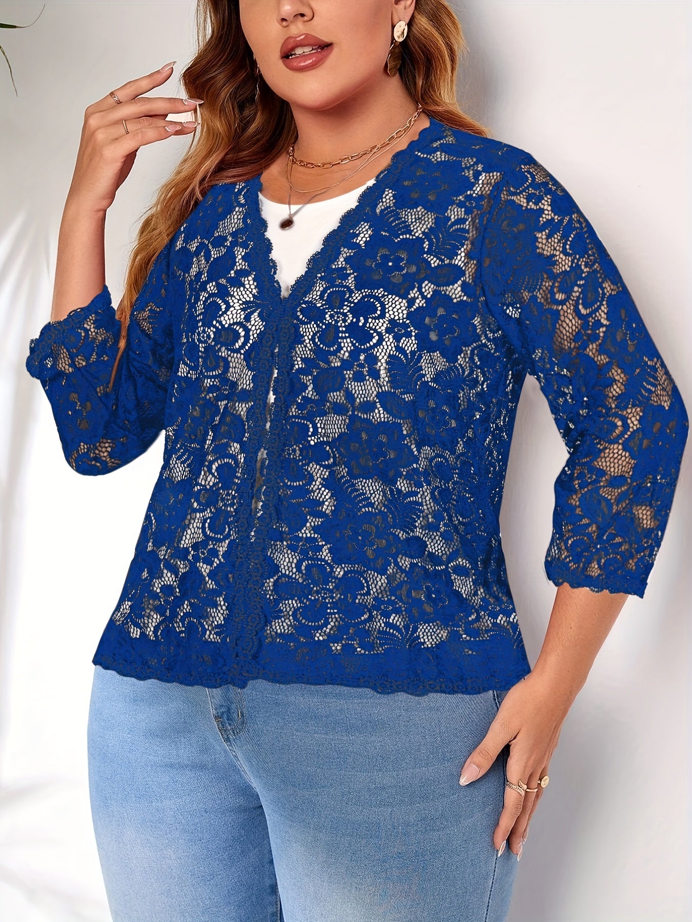 Women's Plus Floral Jacquard Crochet Long Sleeve Cardigan