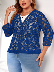Women's Plus Floral Jacquard Crochet Long Sleeve Cardigan