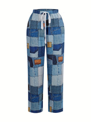 Denim Patchwork Print Straight Leg Pants Casual Drawstring Pocket Pants