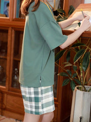 Cartoon Print Lounge Set & Plaid Shorts Women's Loungewear