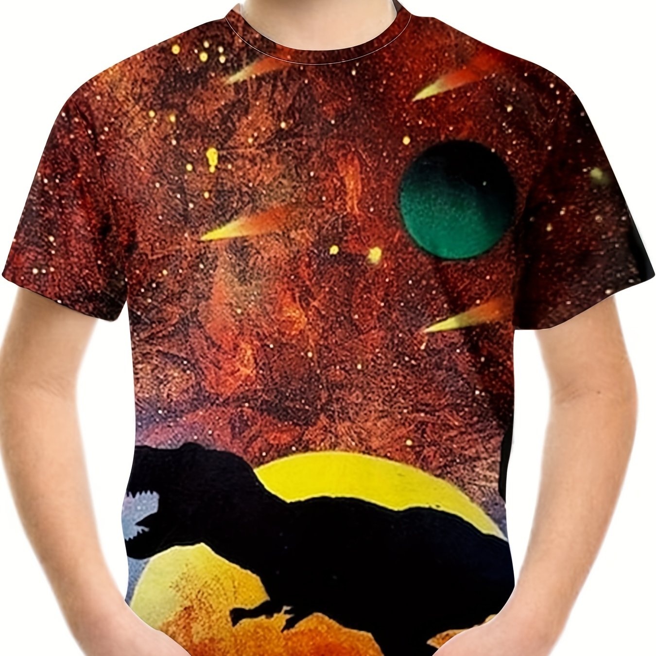 Dino & Planet Pattern T-shirt for Kids Short Sleeve Top Casual Tee Boy's Clothes