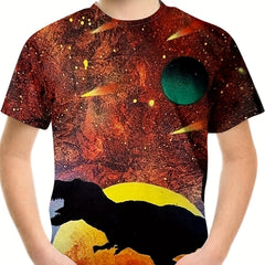 Dino & Planet Pattern T-shirt for Kids Short Sleeve Top Casual Tee Boy's Clothes