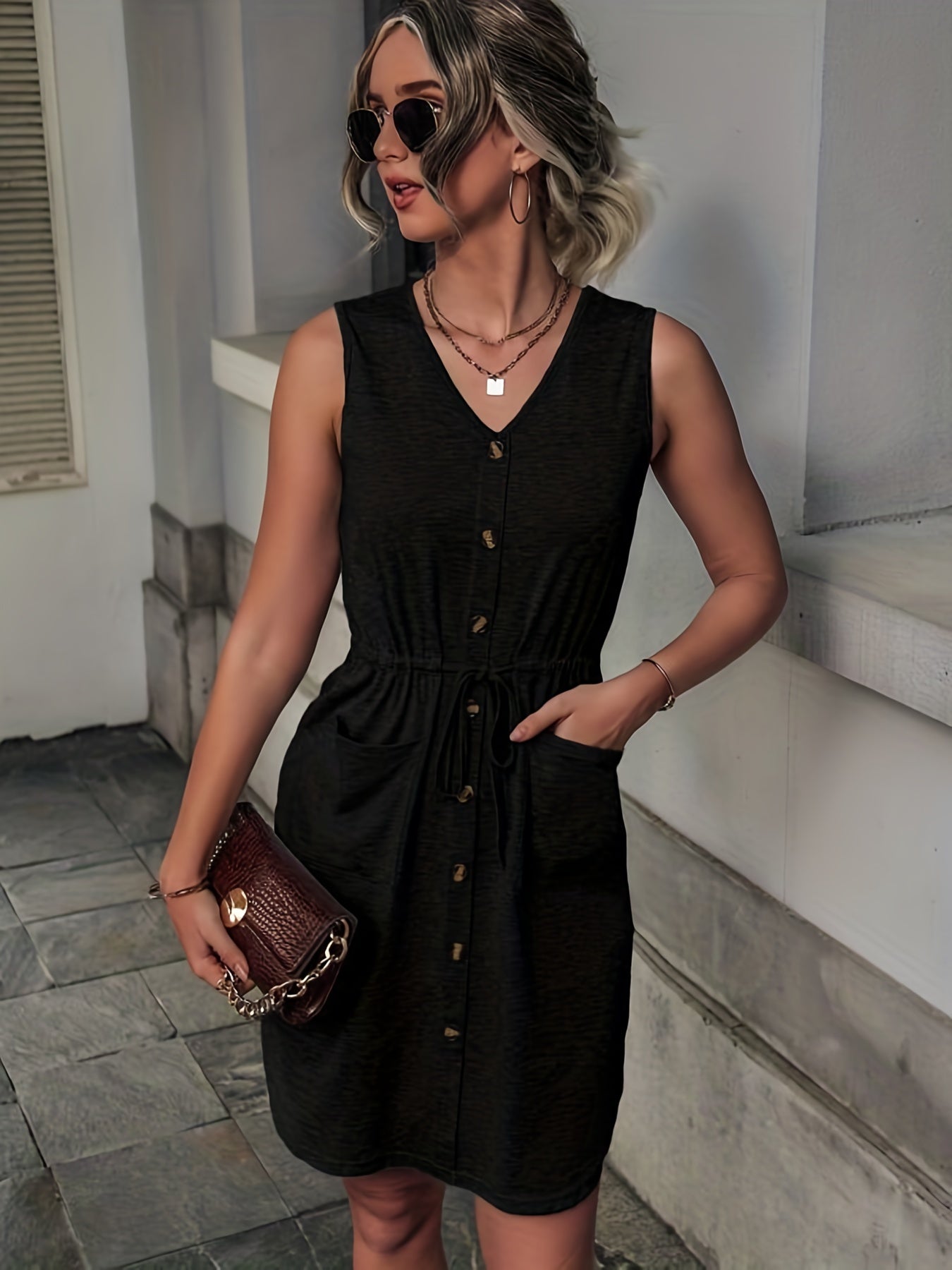 Solid Button V Neck Stretch Mini Tank Dress