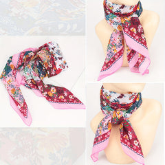 Boho Floral Print Square Scarf Pink Silk Bandana Head Wrap