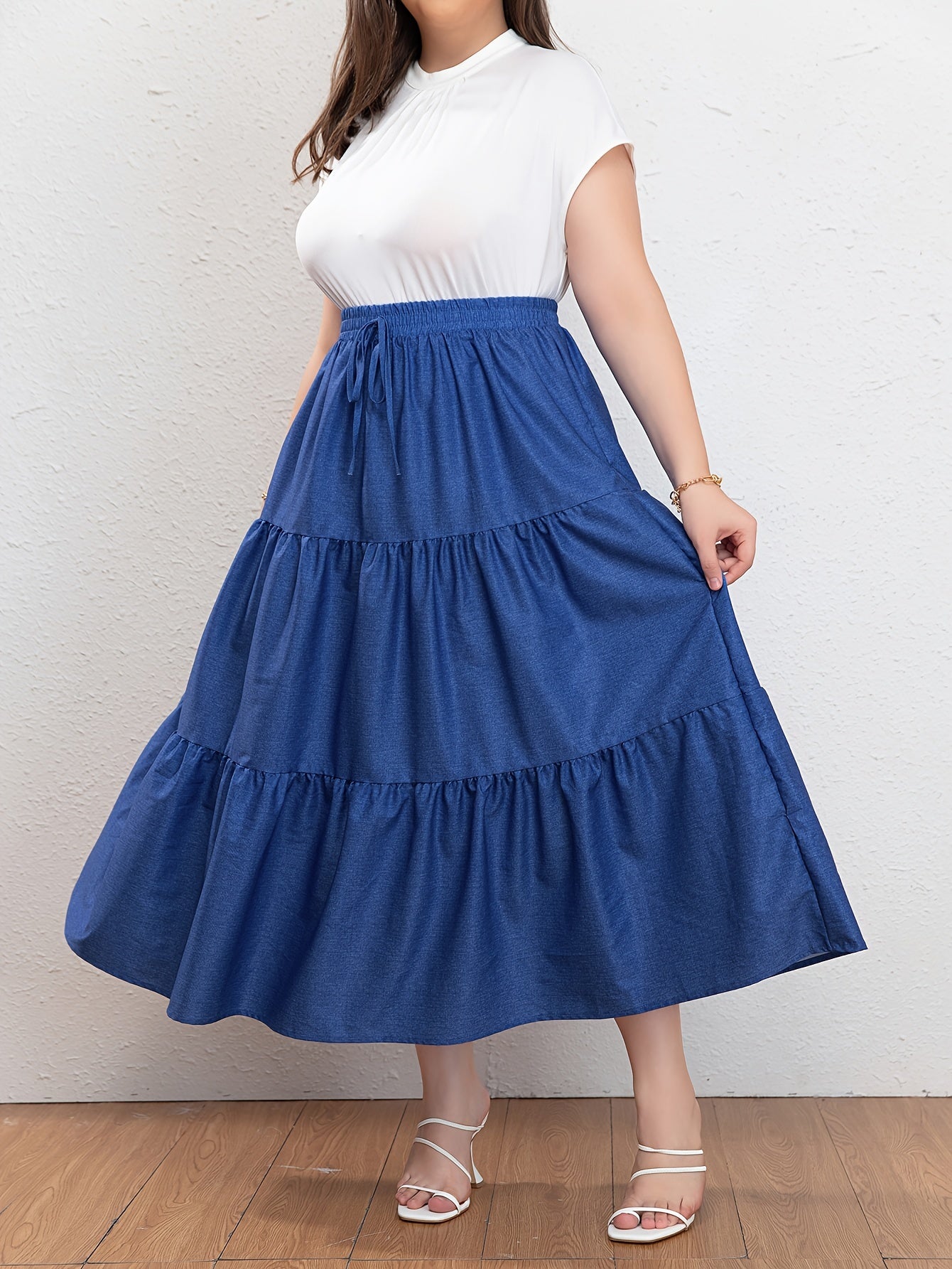 Women's Denim Print Drawstring Smock Skirt