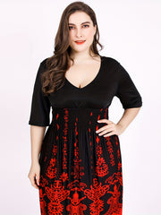 Damask Print Half Sleeve V-Neck Midi Dress