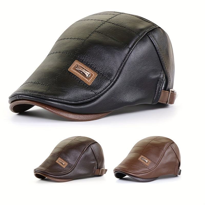 Retro PU Leather Adjustable Beret Sun Hat for Men