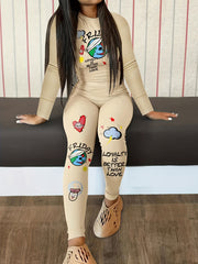 Graffiti Print Casual Two-piece Set Long Sleeve Tops & High Waist Pants