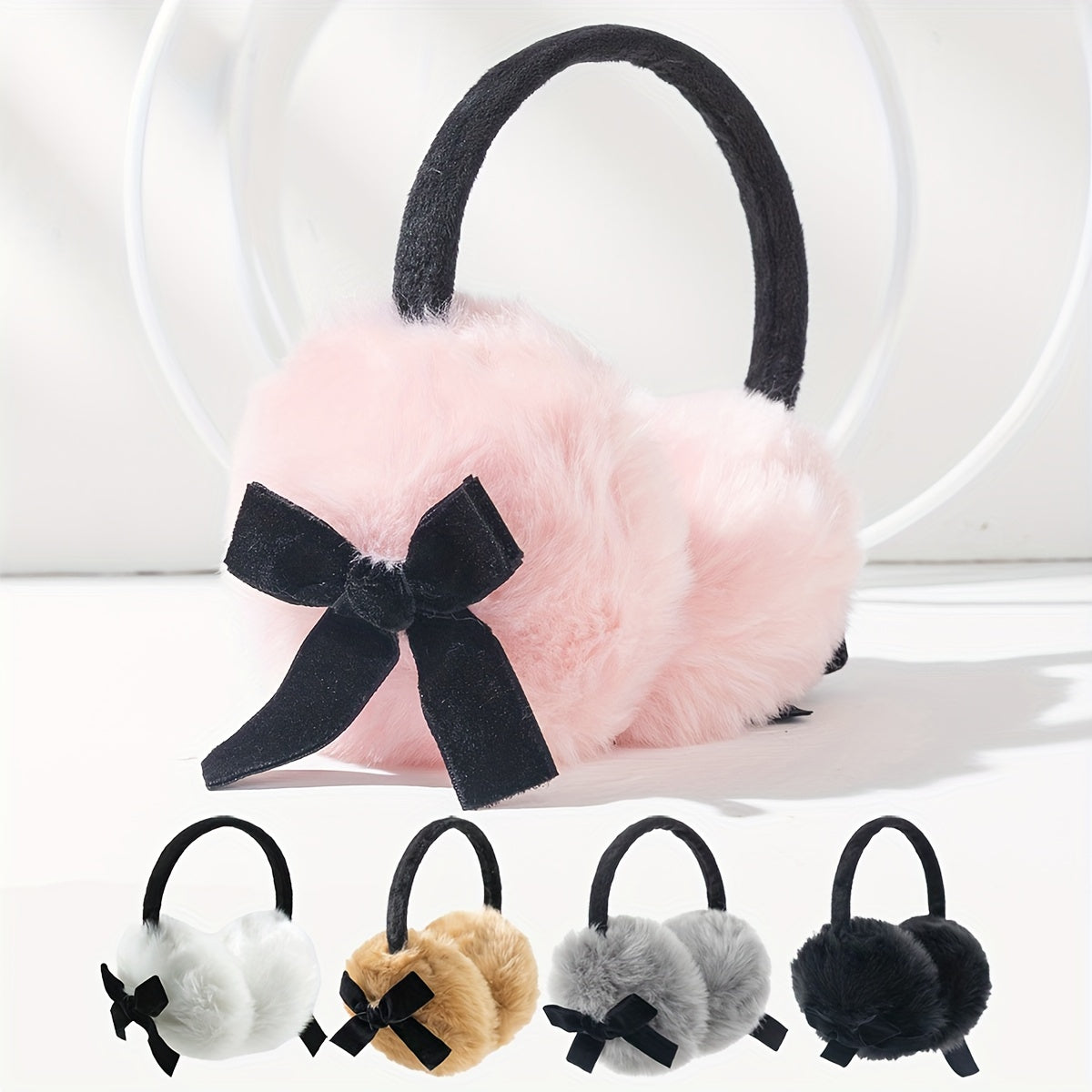 Y2K Style Fluffy Bowknot Earmuffs Pink Plush Warm Ear Covers for Women and Teens