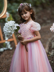 Sequins Princess Dress Puff Sleeves Fit Flare Girls Birthday Show