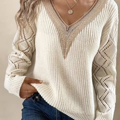 V Neck Cut Out Drop Shoulder Sweater - Women's Casual Long Sleeve Sweater
