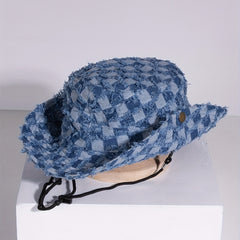 Plaid Pattern Denim Cowboy Hat Hip Hop Sunscreen Bucket Hat Unisex