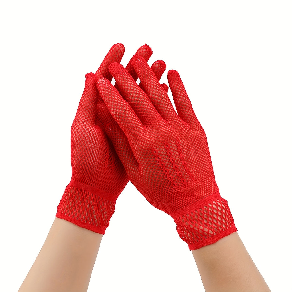 Red Nylon Fishnet Bridal Gloves with Lace Trim for Wedding