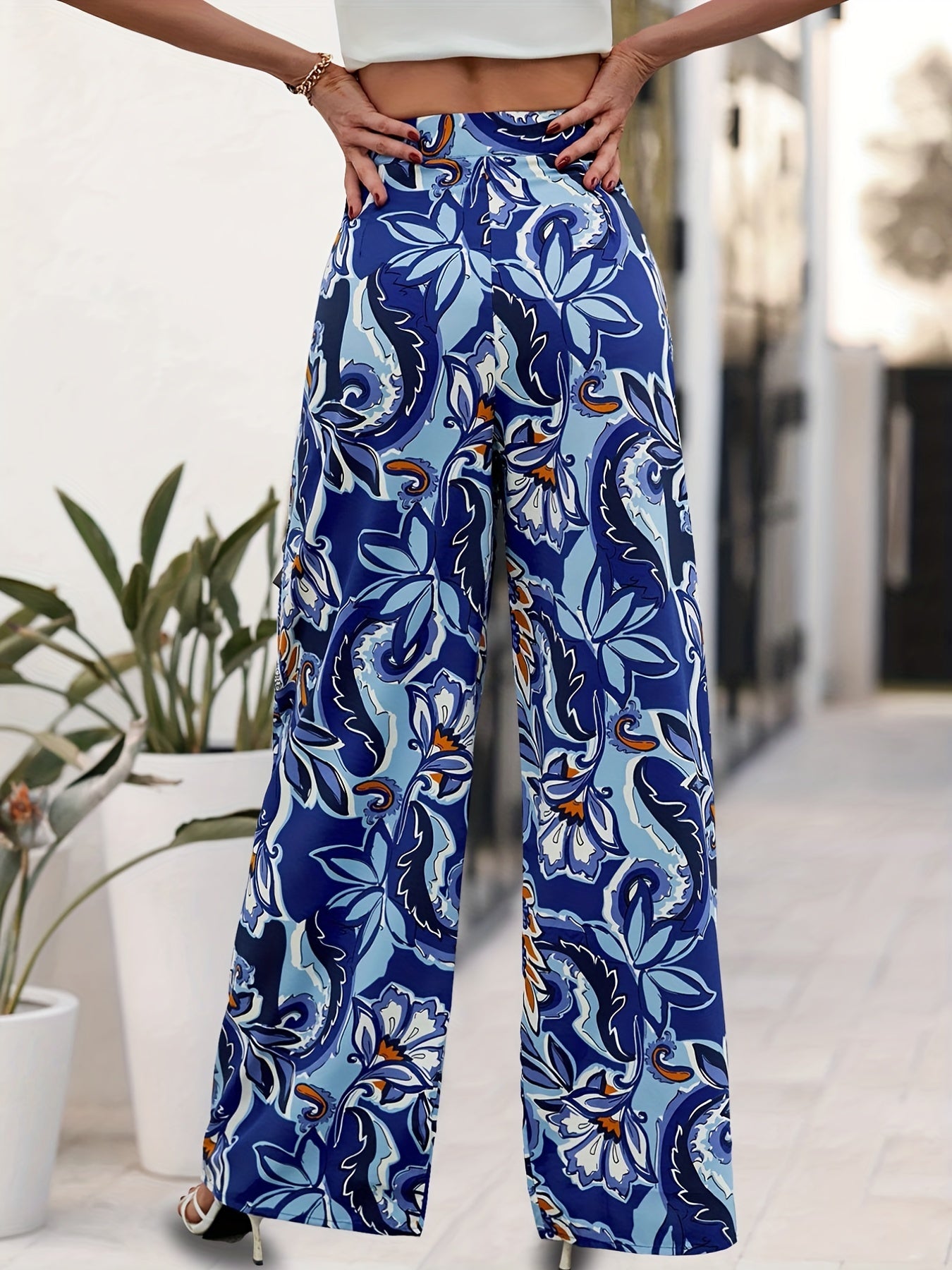 Floral Print Wide Leg Pants Vacation Elastic Waist Long Length Pants