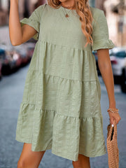 Textured Tiered Dress Solid Crew Neck Short Sleeve Dress