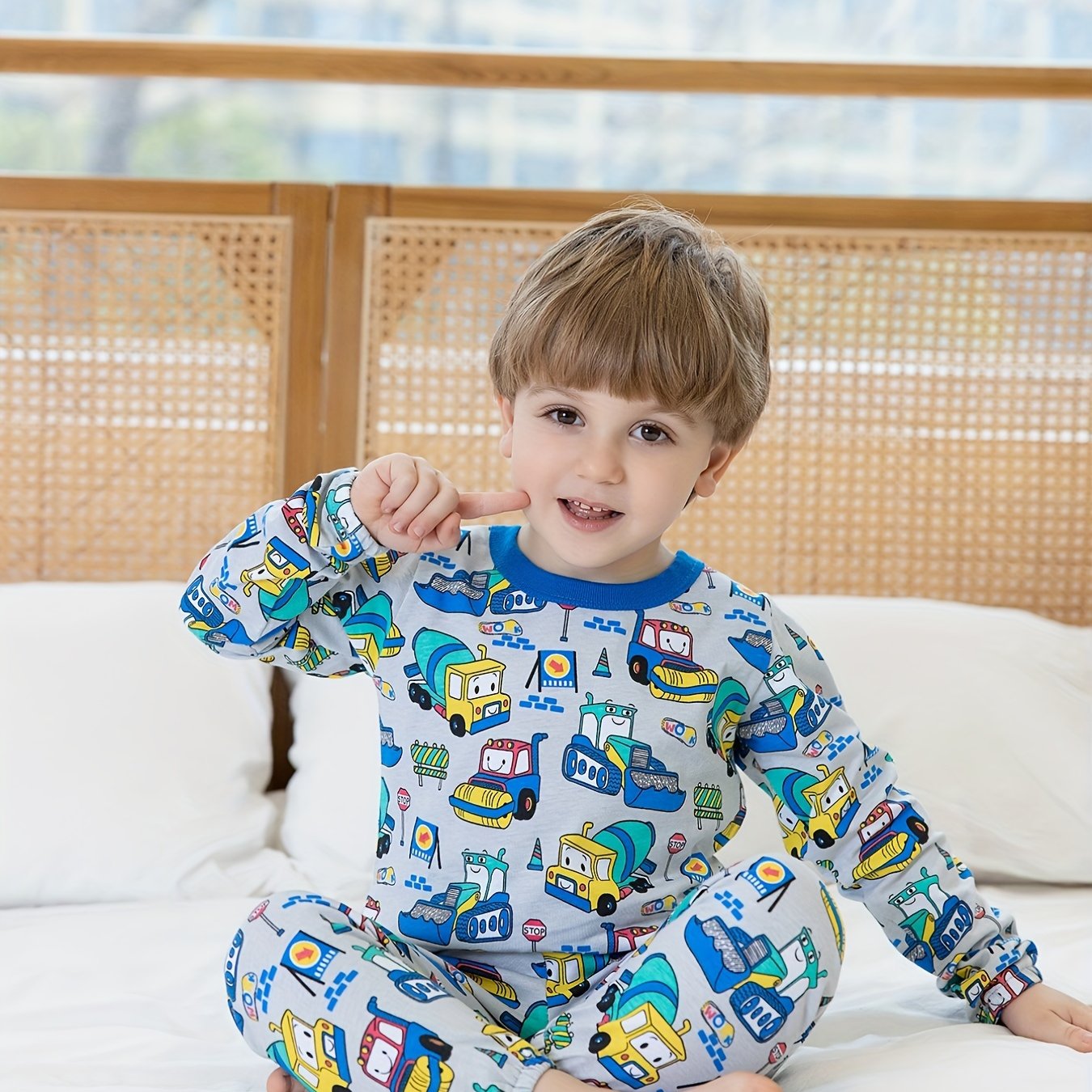 Boys Cartoon Car Print Cotton Pajamas Set